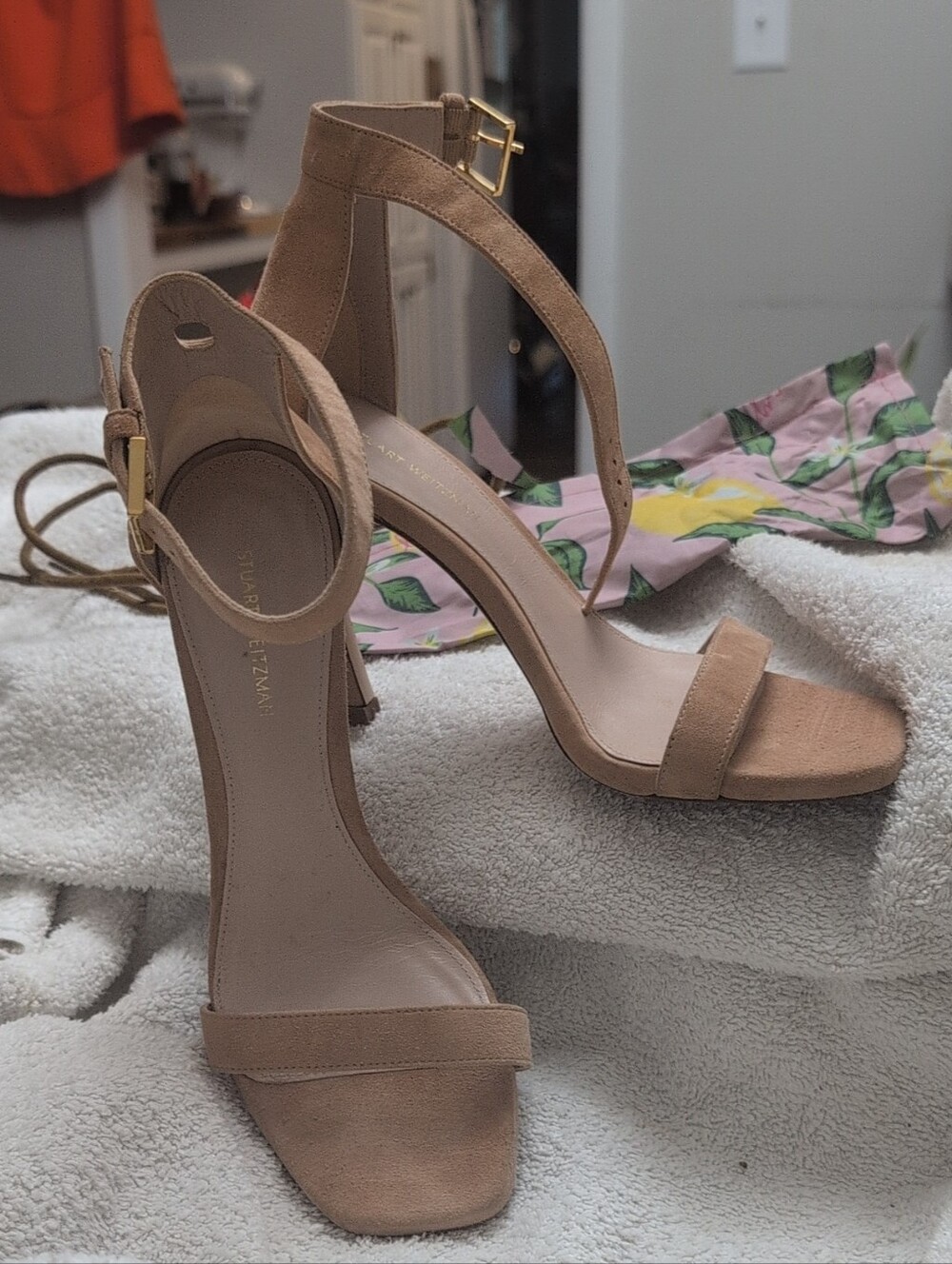 Stuart Weitzman Beige Suede Ankle-Strap Heels